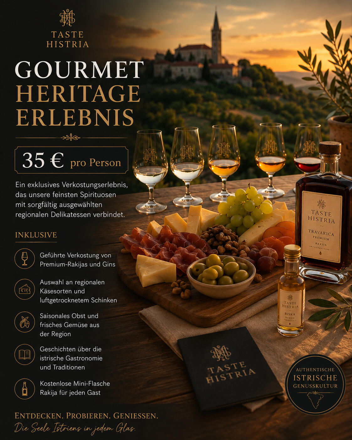 Sind Sie bereit, die authentischen Aromen Istriens zu entdecken? Ob Sie sich für eine geführte Verkostung, ein Gourmet-Erlebnis mit regionalen Delikatessen oder eine maßgeschneiderte private Veranstaltung entscheiden – jede Taste Histria Erfahrung verbind
