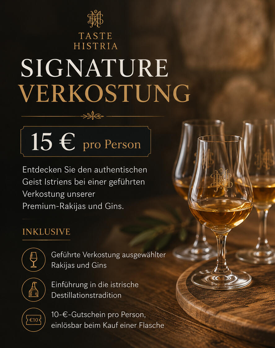Entdecken Sie den authentischen Geschmack Istriens bei unserer Signature Verkostung. Genießen Sie eine geführte Verkostung ausgewählter Premium-Rakijas und Gins von Istarska Kapljica und erfahren Sie mehr über die traditionsreiche Kunst der istrischen Dest